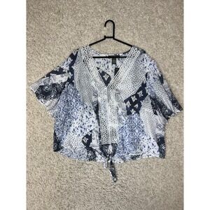Olivia & Martin Blouse Womens Size 3X Blue‎ Crochet Trim Tie Front Beachy Boho